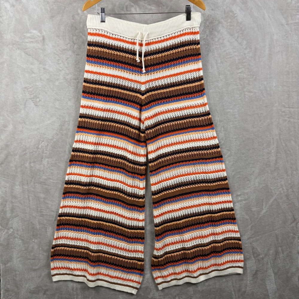 Aerie Women L Multi Color Stripe Crochet Knit Wide Leg Party Pants Beach Overlay